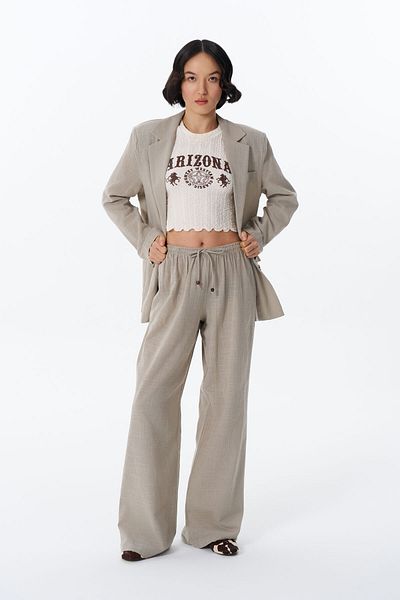 Quzu Beige Loose Trousers - Lace Detail and Elastic Waist