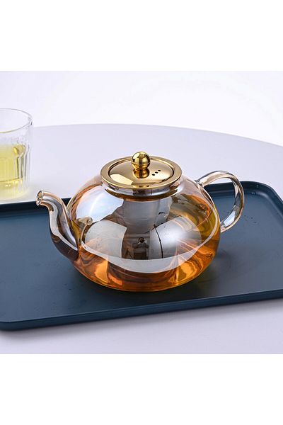 Qerhome Borosilicate Glass Amber Metal Teapot with Strainer and Lid 1000 ml