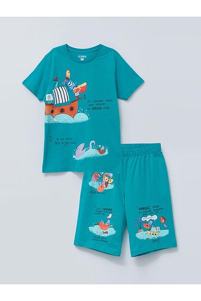 LC Waikiki Crew Neck Printed Short Sleeve Boys' Shorts Pajama Set (S2)