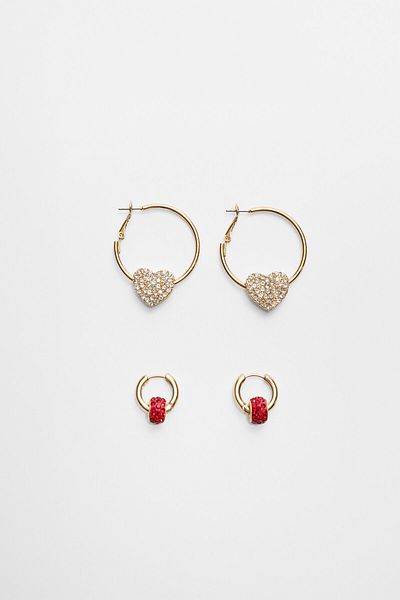 Stradivarius Set of 2 rhinestone heart hoop earrings