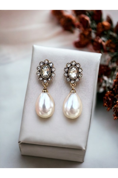 FAYRA ACCESSORIES Oval Kristal Taşlı İnci Küpe