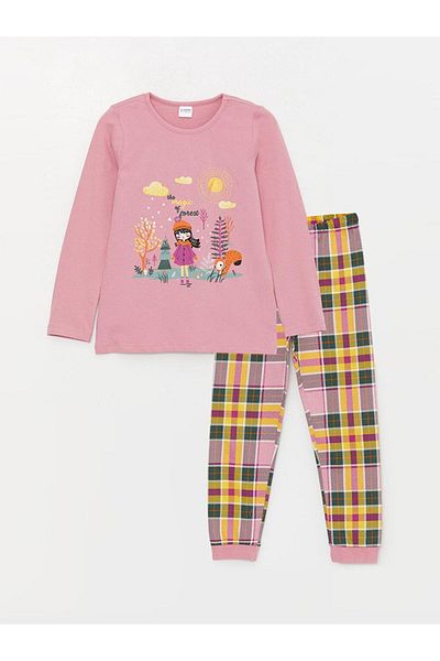 LC Waikiki Crew Neck Printed Long Sleeve Girl's Pajama Set