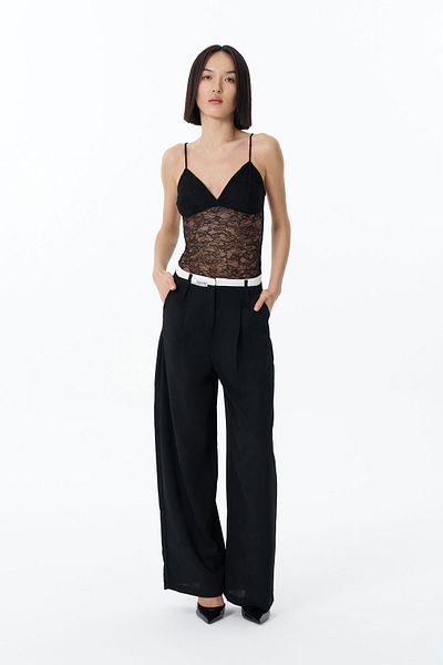 Quzu Black Double Waist Label Trousers