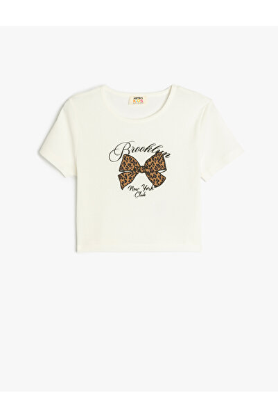 Koton Ribbon Printed Short Sleeve Crew Neck Cotton Camisole Crop T-Shirt