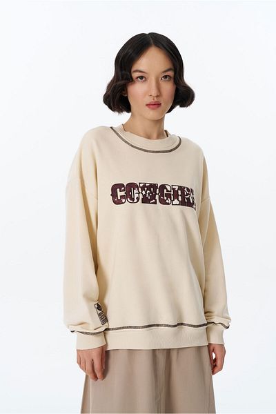 Quzu Beige Cowboy Patterned Sweatshirt