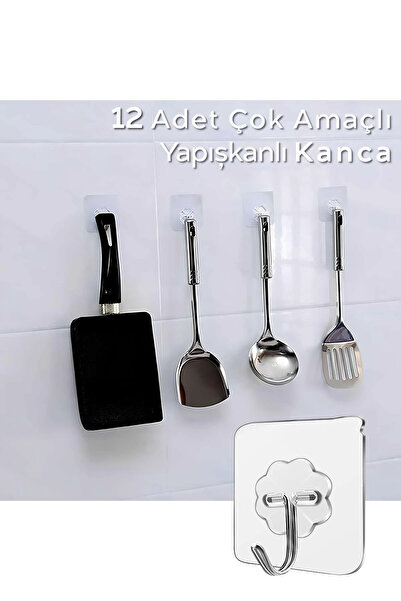 ARVALE Pratik 12 Adet Güçlü Şeffaf Duvar Askısı Askılığı Yapışkan Kancalı Mutfak Banyo Askı