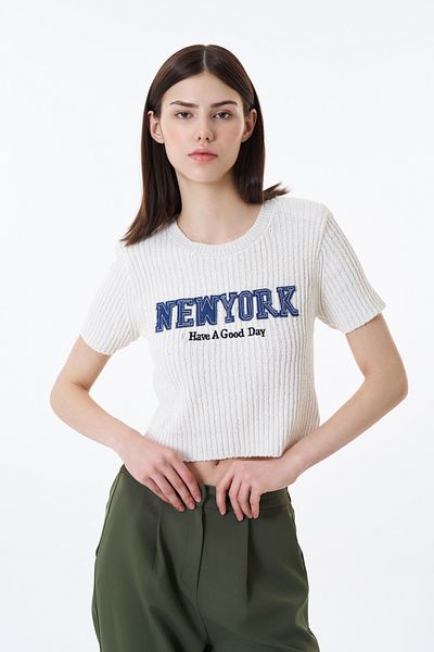 Quzu New York Printed Crop Knitwear Ecru