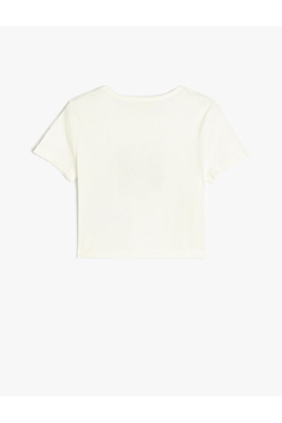 Koton Ribbon Printed Short Sleeve Crew Neck Cotton Camisole Crop T-Shirt