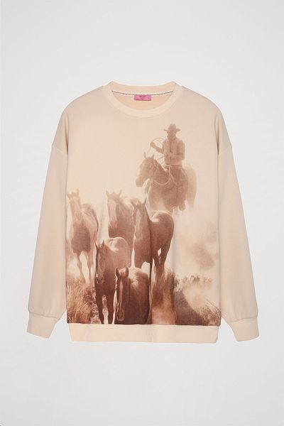 Quzu Light Beige Color Patterned Oversize Sweatshirt