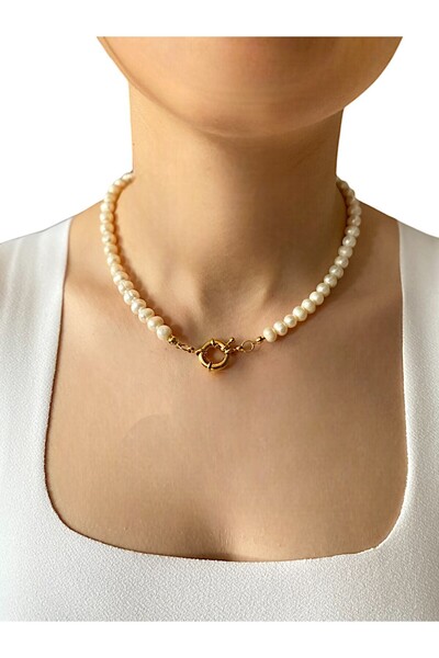 By Saadet Özkanlı Kadın Gemici Klips Tokalı Beyaz Istiridye Inci Kolye Gerçek Inci Denizci Model