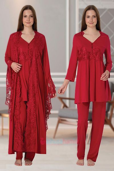 Pelin Women's Red Lace Detailed Maternity 3-Piece Pajamas Set