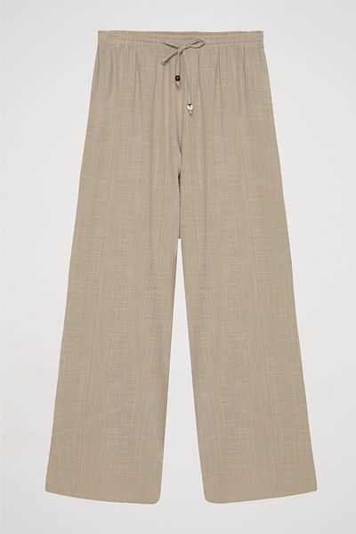 Quzu Beige Loose Trousers - Lace Detail and Elastic Waist