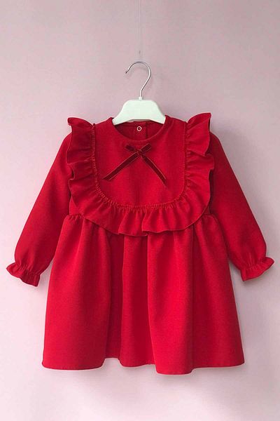 Bertuğ Bebek Ruffled Red Crepe Girl Child Baby Birthday Special Occasion Dress