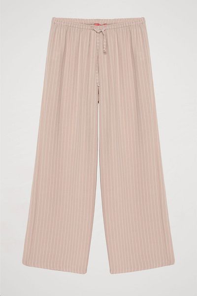 Quzu Beige Thin Striped Elastic Waist Trousers