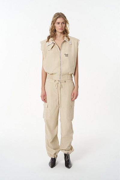 Quzu Beige Cargo Pants with Pockets and Elastic Legs