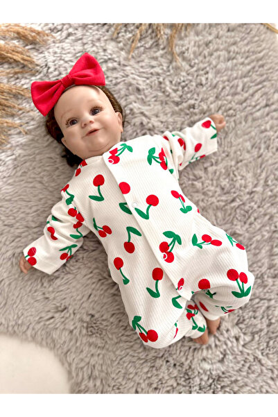 Zuff Baby Ecru Baby Girl Patterned Romper and Bow