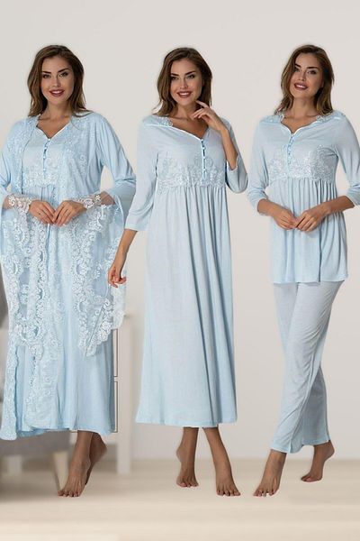 Pelin Set de 4 pijamale pentru femei, albastru, cu dantelă, pentru maternitate