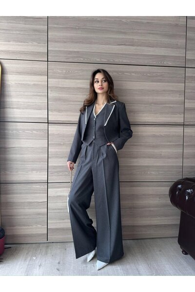 Rabia Çelik Kadın Füme Dantel Detaylı Yüksek Bel Pantolon Yelek Blazer Ceket 3Lü Takım Elbise