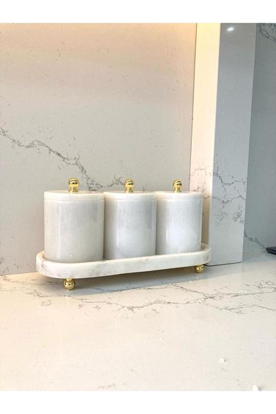 Sümeyra Marble Art وعاء بهارات من الرخام الأبيض - 4 قطع - تفاصيل ذهبية