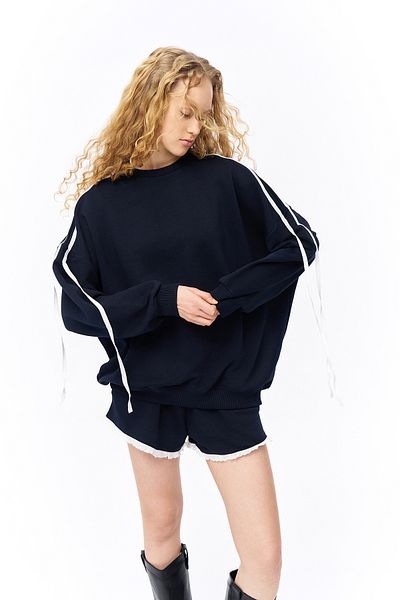 Quzu Navy Blue Sweatshirt - Stripe Detailed Sleeves