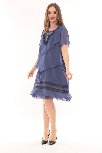 MAMAYAGA Women's Imported Plus Size Tassel Chain Detail Chiffon Half Sleeve Lined Plus Size Dress