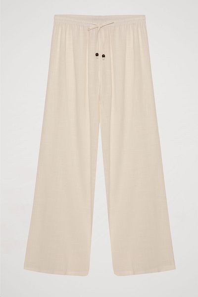 Quzu Ecru Color - Loose Trousers with Lacing Detail and Elastic Waist