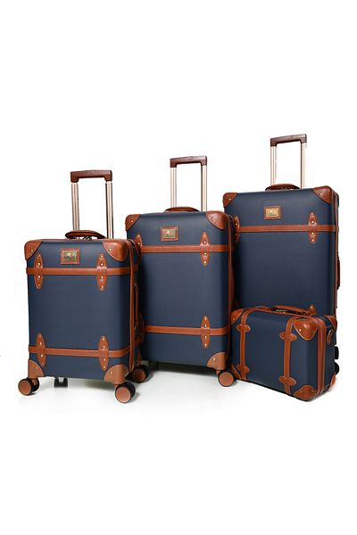 MORANO Classic Morano Full Leather 4 Piece Suitcase Set Navy Blue 28''24''20'' Inch