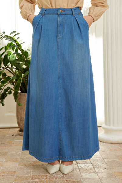 Neways 2275-Denim Pileli Çan etek Koyu Mavi