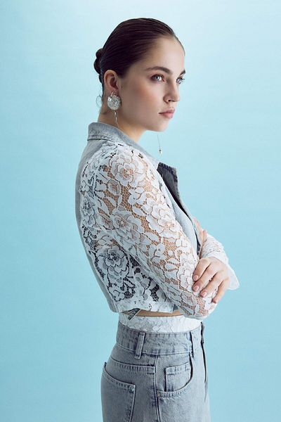 its basic Jachetă crop de damă, culoare denim, 2S532, cu mâneci cu design cu volan