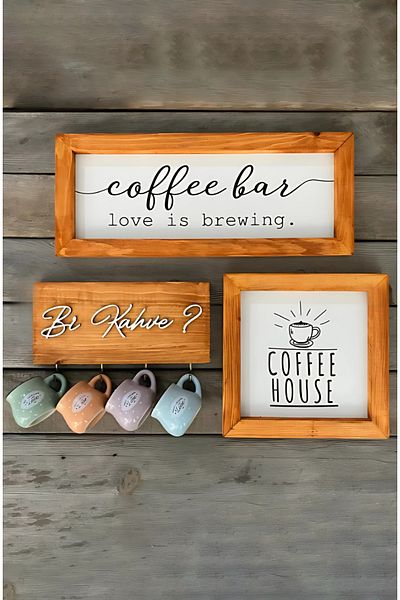 Wooden Factory Coffee Bar Coffee Corner Cup με κρεμάστρα Διακόσμηση τοίχου και στολίδι κουζίνας, σετ ξύλινο πάνελ