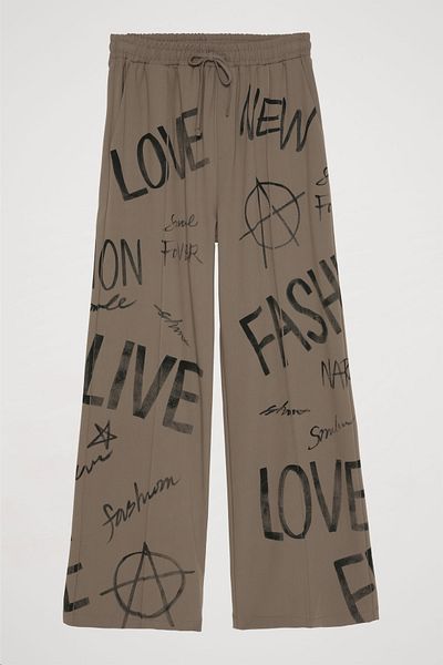 Quzu High Waist and Text Printed Light Khaki Pants