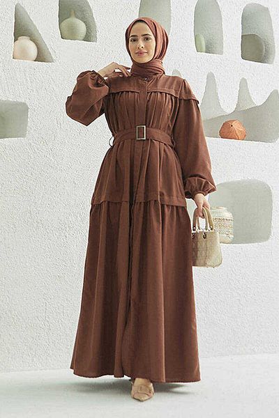 Neways 6605-Carla Gathered Belted Dress Brown