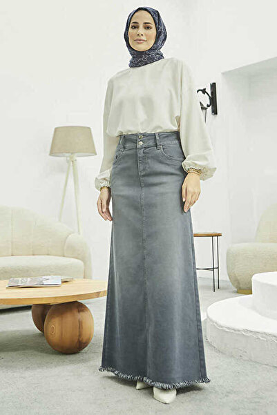 Neways 2252-Denim Eteği Püsküllü Etek Gri