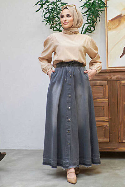 Neways 2215-denim Mevlana Düğmeli Etek Koyu Gri