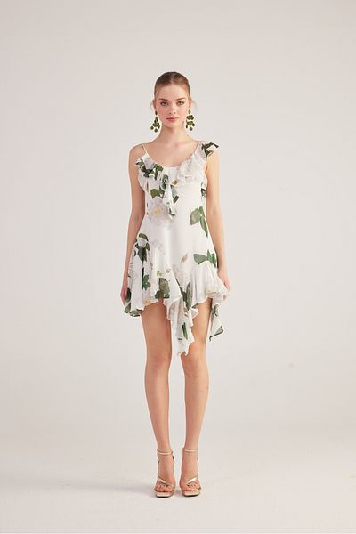 HOLLY LOLLY White Floral Asymmetrical Cut Gigi Dress - Back Low Cut