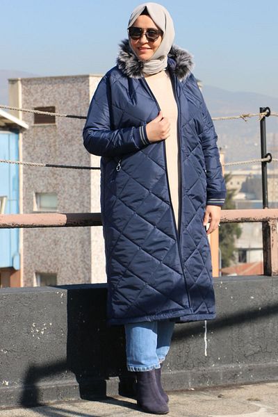 Eslina 33093 Καπιτονέ μπουφάν με κουκούλα Plus Size-Μπλε Navy