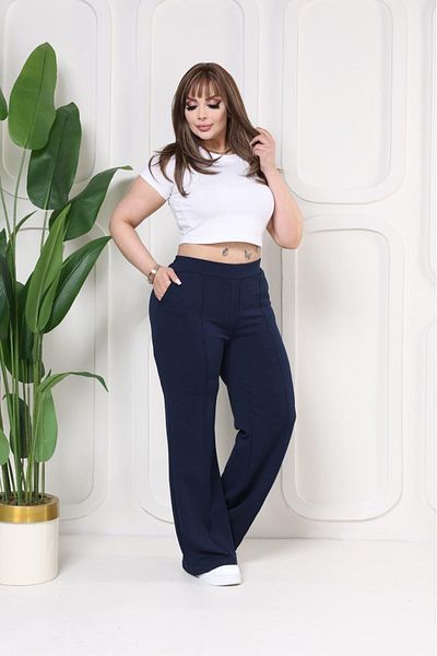 EMEZ Crepe Fabric Sewing Detailed Dark Blue Loose Trousers