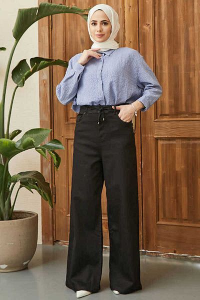 Neways 1123-Lace-up Wide Leg Trousers Black-