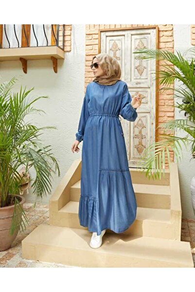 Neways 6570-Denim Asimetrik Büzgülü Elbise Koyu Mavi