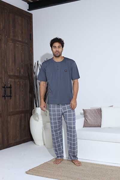 CALİA Men's Summer Short Sleeve Combed Cotton Single Jersey Pajamas Set