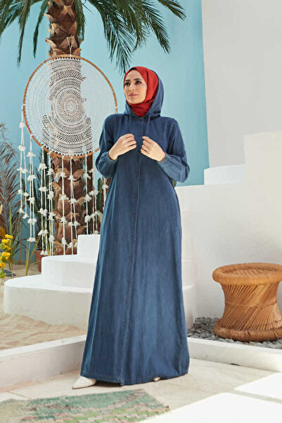 Neways 6494-denim Kapşonlu Düğmeli Ferace Mavi