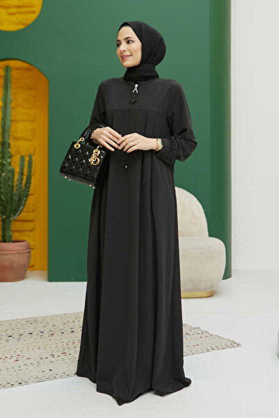Neways 6612-Fermuarlı Pileli Elbise Siyah