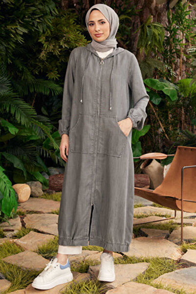 Neways 6475-Denim Kapşonlu fermuarlı tunik Gri