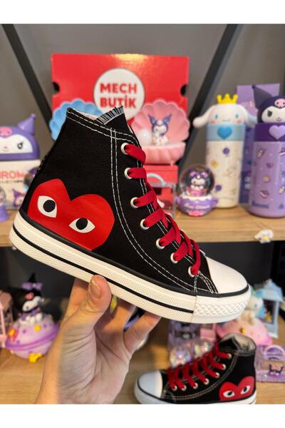 MECH BUTİK Unisex Siyah Bilekli Kırmızı Kalp Baskılı Spor Ayakkabı Sneaker