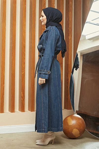 Neways 6458-Allerli Denim Trençkot Koyu Mavi