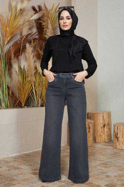 Neways 1067-denim Bol Paça Pantolon Koyu Gri