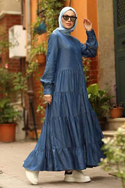 Neways 6556-Denim Düğmeli Büzgülü Elbise Koyu Mavi