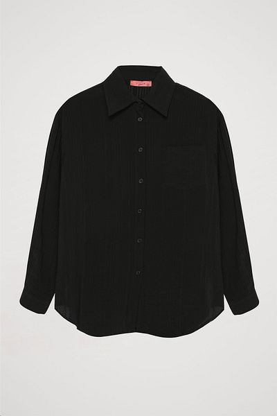 Quzu Cămașă neagră oversize texturată - cu buzunar