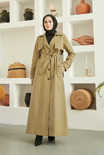 Neways 6604- Uzun Trençkot Koyu Bej