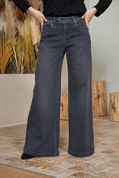 Neways 1067-Denim Bol Paça Pantolon Koyu Gri